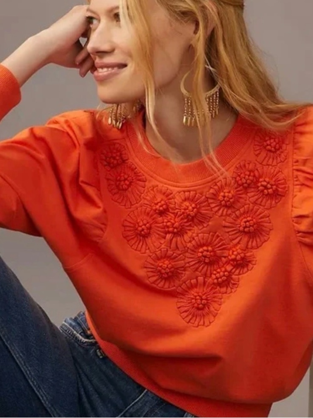 Anthropologie Orange Embroidered Sweatshirt - Picture 3 of 4